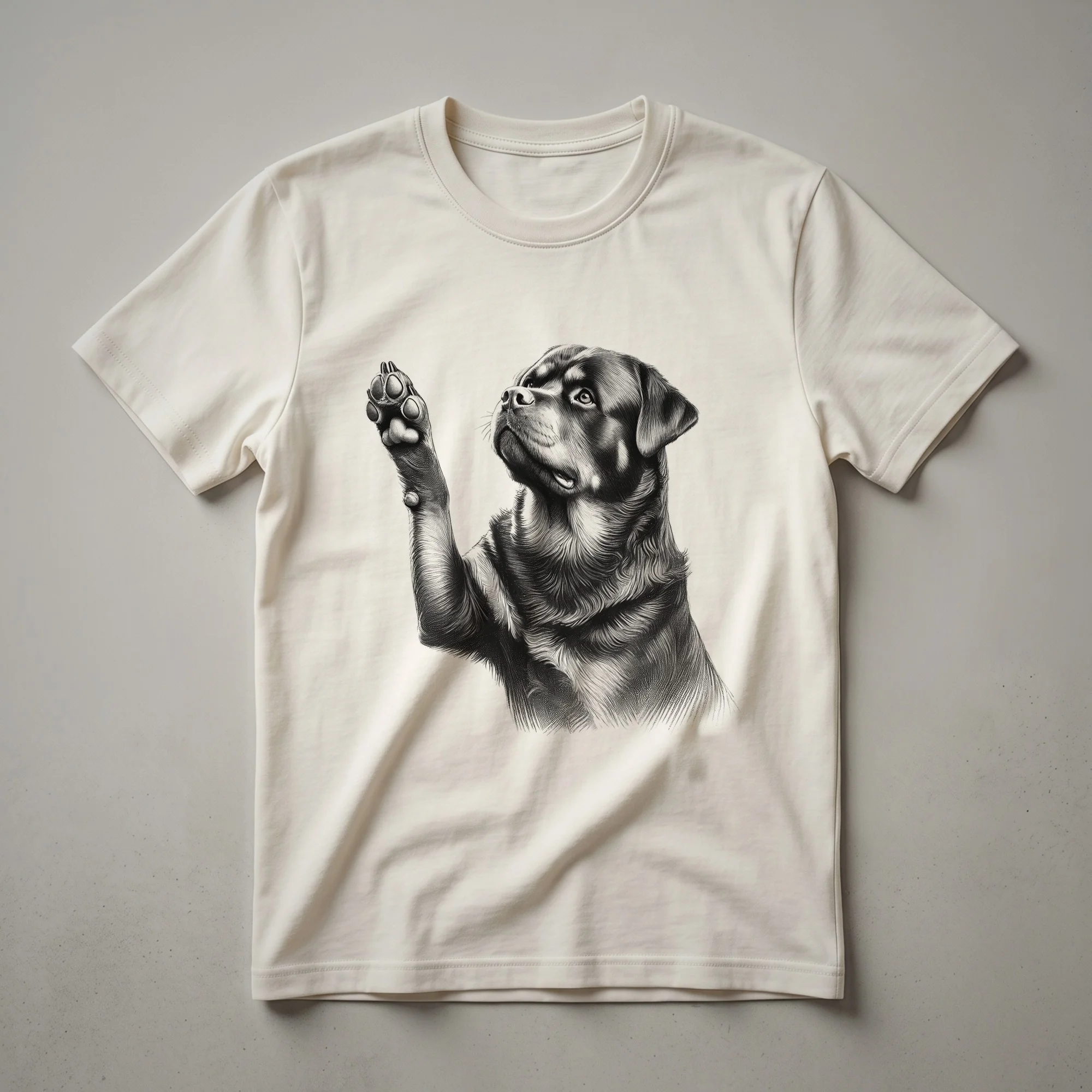 Black graphic t-shirt featuring a Rottweiler dog raising its paw with the text 'Rottweiler Raising Paw' above it.