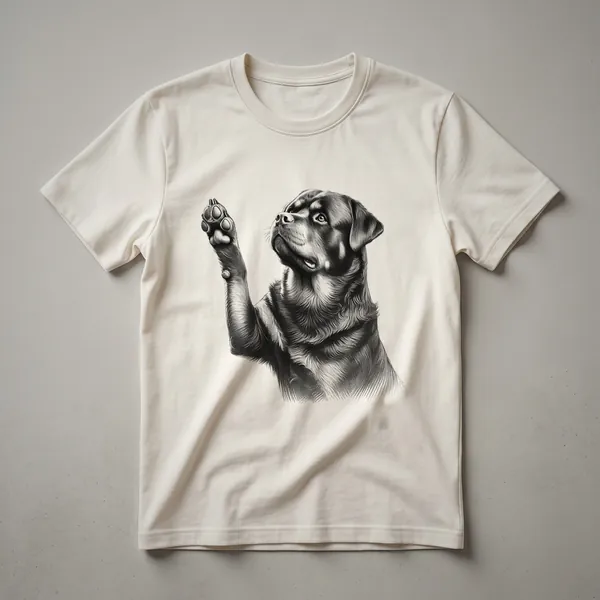 Black graphic t-shirt featuring a Rottweiler dog raising its paw with the text 'Rottweiler Raising Paw' above it.
