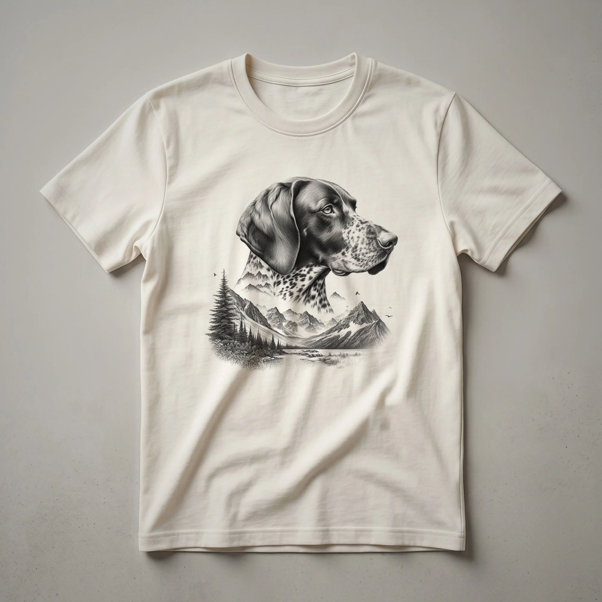 White t-shirt with a graphic design of a German Shorthaired Pointer dog standing in a forest with mountains in the background.