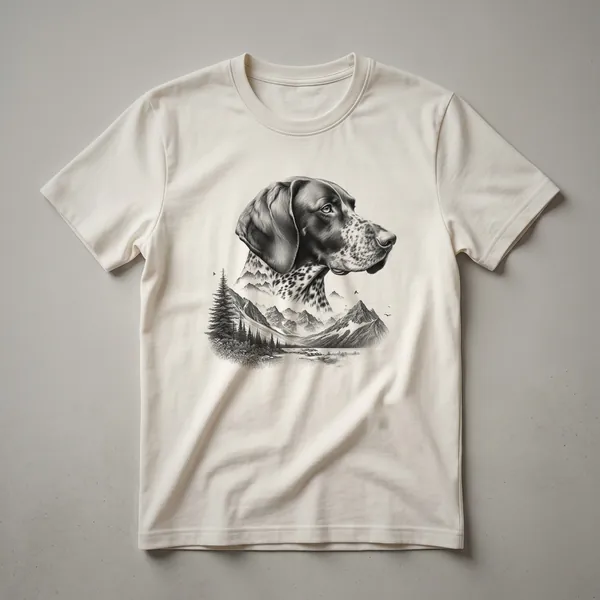 White t-shirt with a graphic design of a German Shorthaired Pointer dog standing in a forest with mountains in the background.