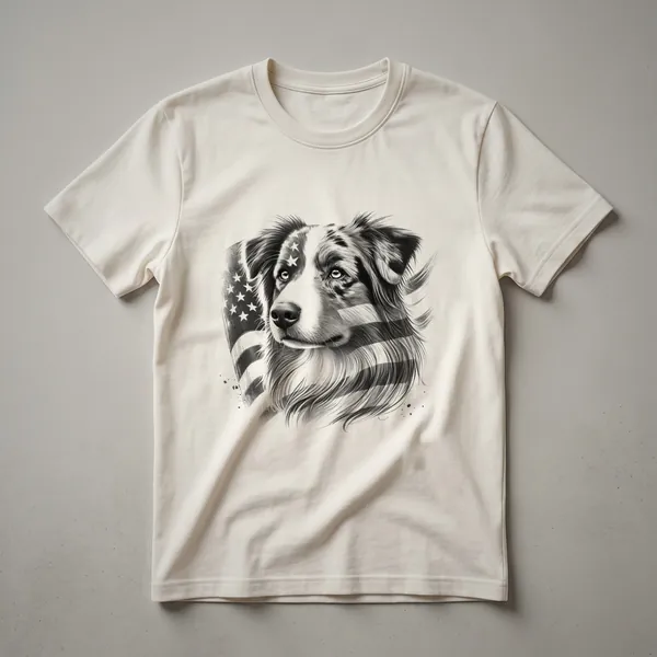 White t-shirt with a graphic of an Australian Shepherd wearing sunglasses and an American flag design.