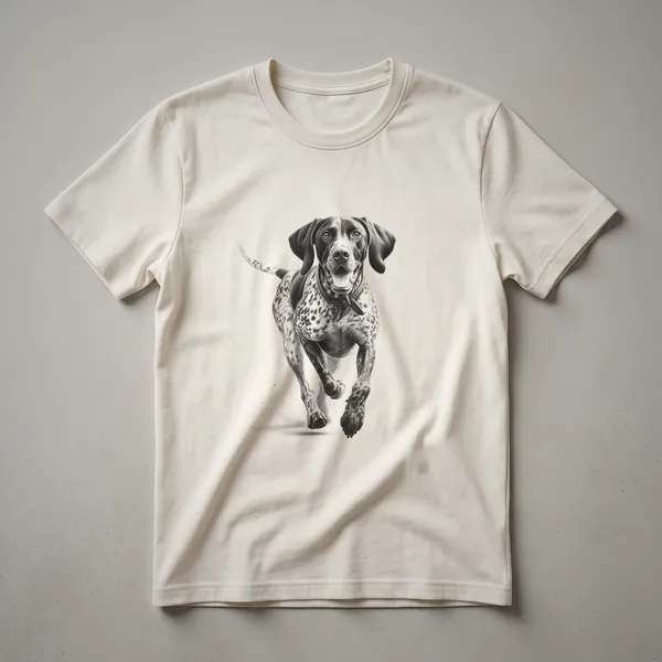 White t-shirt with a graphic of a German Shorthaired Pointer running, featuring a distressed texture and a running shoe.