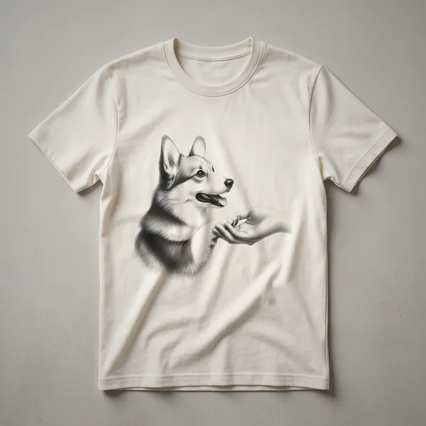 A graphic t-shirt featuring a stylized paw print representing a Pembroke Welsh Corgi, designed for dog lovers.