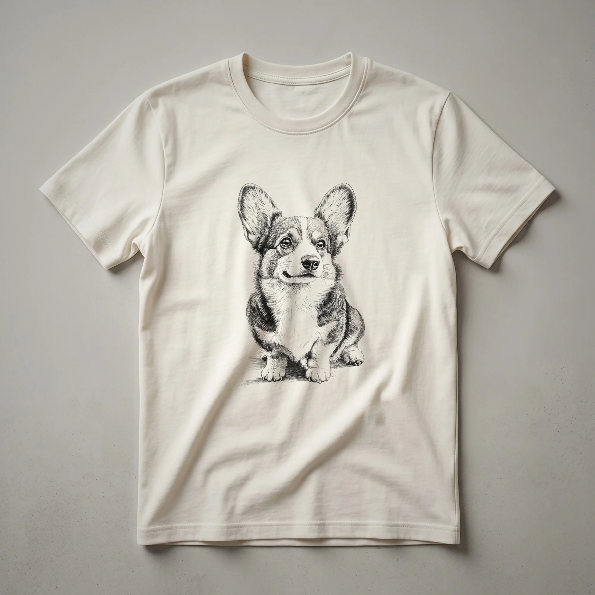 White graphic t-shirt featuring a distressed vintage illustration of a Pembroke Welsh Corgi dog.