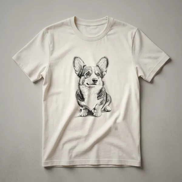White graphic t-shirt featuring a distressed vintage illustration of a Pembroke Welsh Corgi dog.