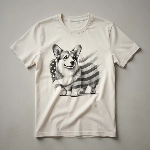 White t-shirt with a graphic of a Pembroke Welsh Corgi wearing sunglasses and an American flag bandana, celebrating the 4th of July.