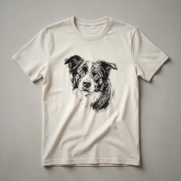 Black t-shirt with a distressed graphic of an Australian Shepherd dog's head in white and grey.