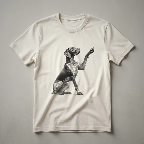 White German Shorthaired Pointer dog raising its front paw in a graphic illustration on a white t-shirt.