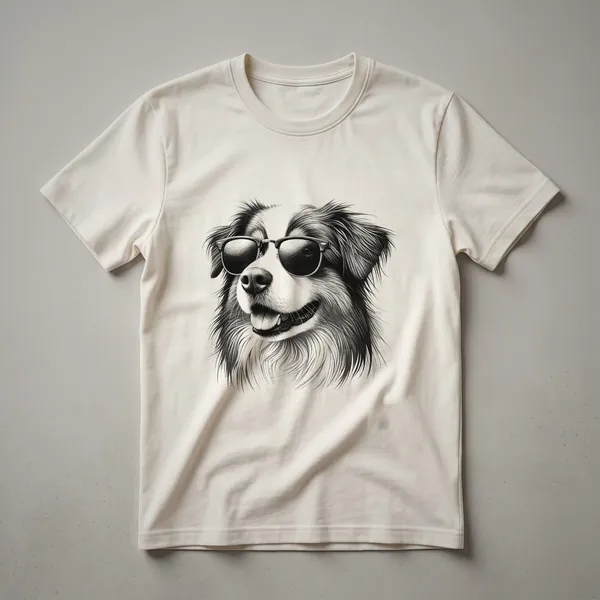 Black t-shirt with a graphic of an Australian Shepherd dog wearing dark sunglasses.