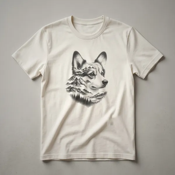 White t-shirt featuring a portrait of a Pembroke Welsh Corgi dog with a nature-inspired background, showcasing its short legs and alert ears.