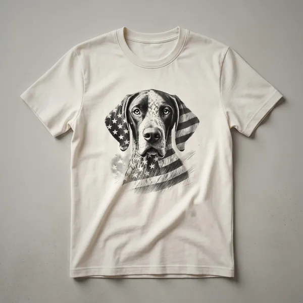 A graphic t-shirt featuring a German Shorthaired Pointer wearing sunglasses designed with the American flag pattern, presented on a white background.