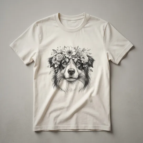 White graphic t-shirt with a floral Australian Shepherd dog mom design, featuring a dog's head surrounded by colorful flowers.