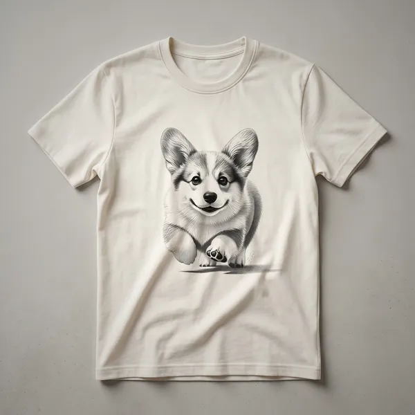 White graphic t-shirt featuring a Pembroke Welsh Corgi running with a distressed effect, designed for dog owners and runners.