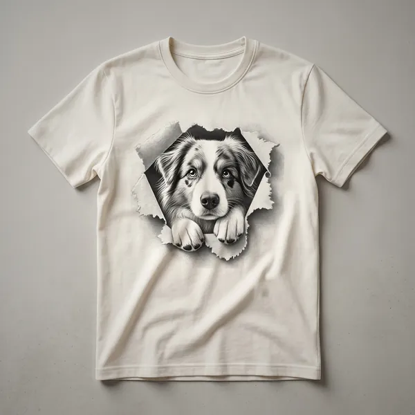 White t-shirt featuring a graphic of an Australian Shepherd dog peeking over the bottom edge, with a distressed texture.