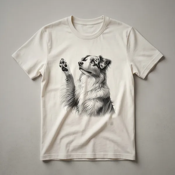 Black t-shirt featuring a graphic of an Australian Shepherd dog with its paw raised, designed for dog lovers.