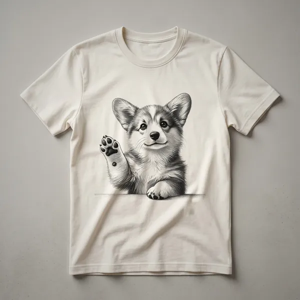 A white and tan Pembroke Welsh Corgi dog graphic on a t-shirt, peeking from the bottom with one paw raised.