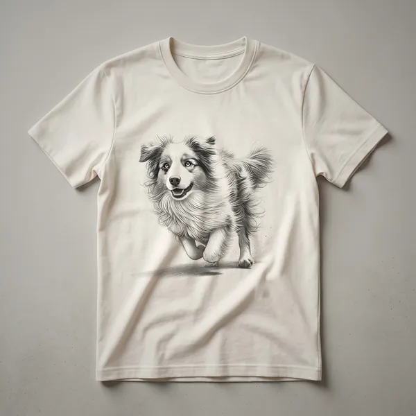 Black t-shirt with a distressed graphic of an Australian Shepherd dog running, designed for runners and dog lovers.