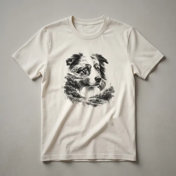 White graphic t-shirt featuring a black silhouette of an Australian Shepherd dog standing before a mountain range and pine trees, with a nature-inspired design.