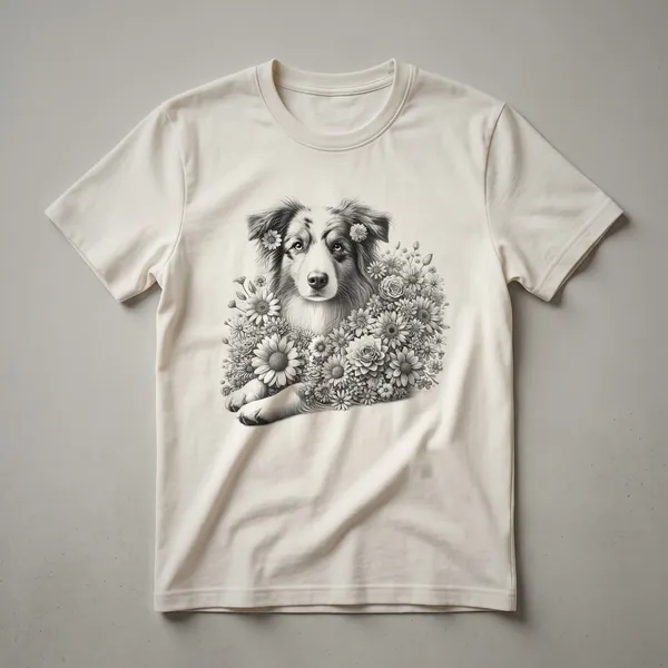 White t-shirt featuring a graphic of an Australian Shepherd dog's head surrounded by colorful flowers, with the dog's face looking forward.