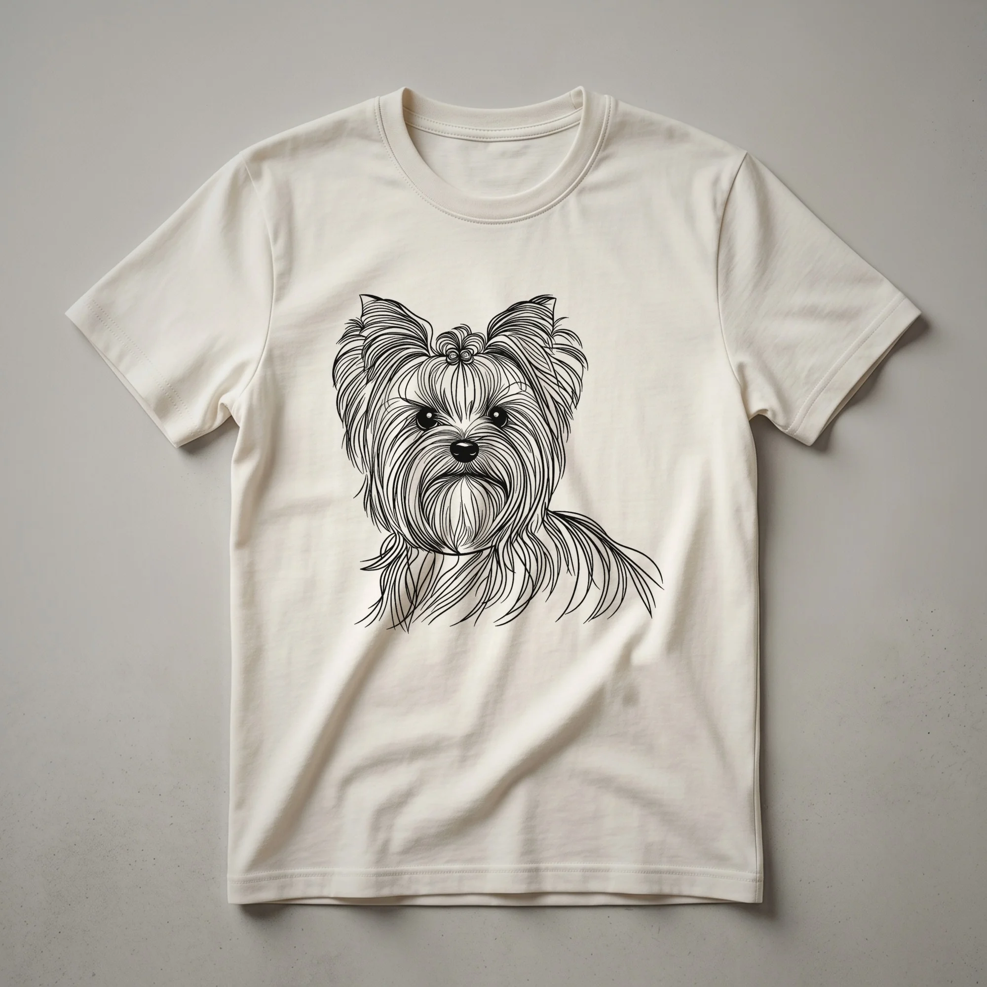 White Yorkshire Terrier line art graphic t-shirt featuring a minimalist drawing of the dog's head and body.