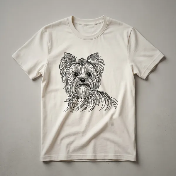 White Yorkshire Terrier line art graphic t-shirt featuring a minimalist drawing of the dog's head and body.