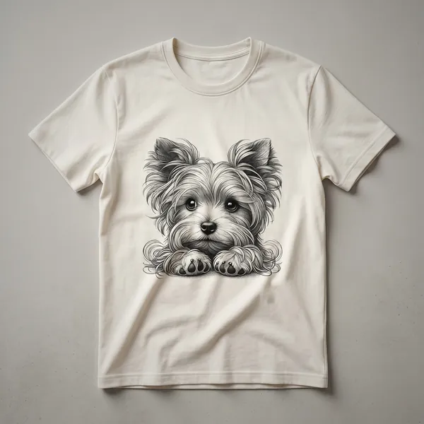 White t-shirt with a graphic of a Yorkshire Terrier dog peeking from the bottom edge, showcasing its face and front paws.