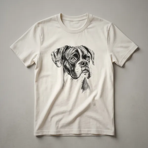 White graphic t-shirt with a distressed design of a Boxer dog in a running stance.