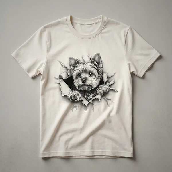 White Yorkshire Terrier dog peeking over the bottom edge of a black t-shirt, with a cartoonish style.
