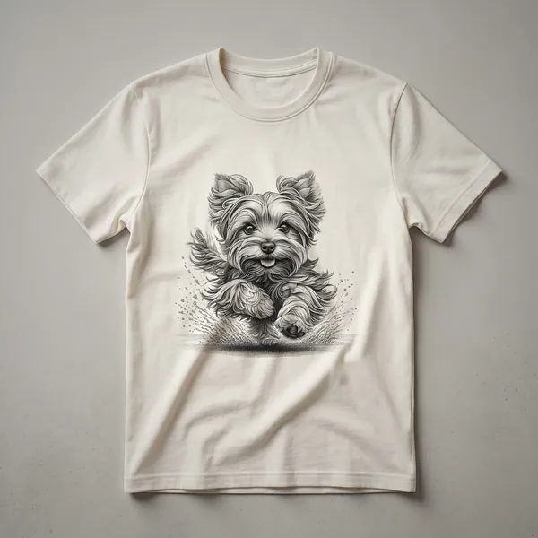 White graphic t-shirt featuring a distressed illustration of a Yorkshire Terrier running, with the text 'Yorkie' visible.