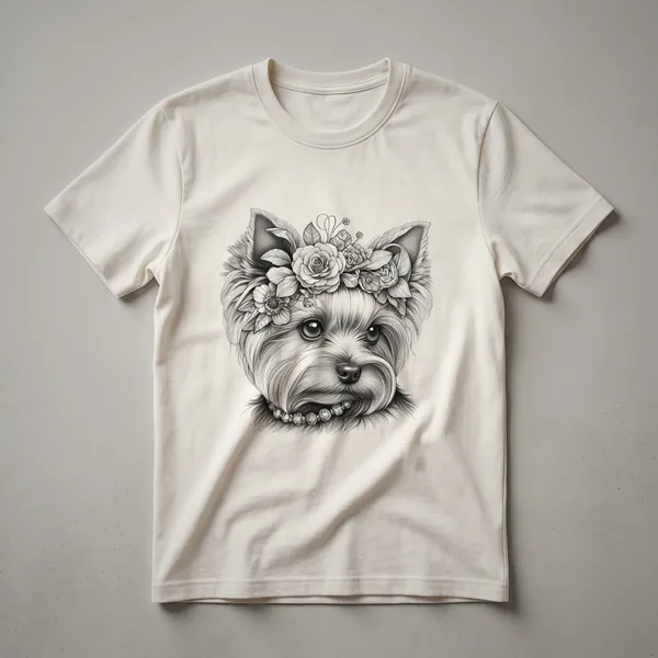 White graphic t-shirt featuring a stylized Yorkshire Terrier wearing a colorful flower crown, with the text 'Yorkie Mom' below.