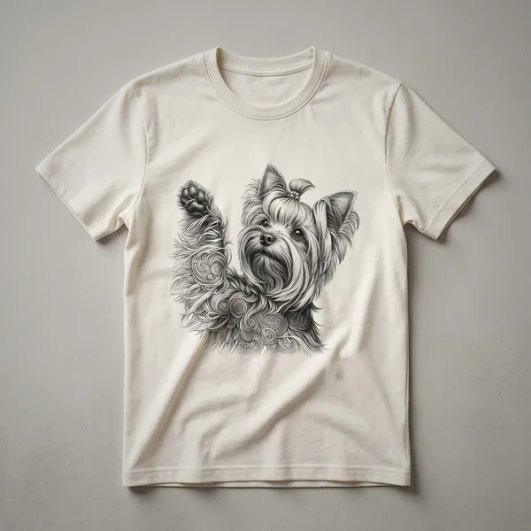 White line art graphic of a Yorkshire Terrier dog raising its paw on a black t-shirt, showcasing a playful pose.