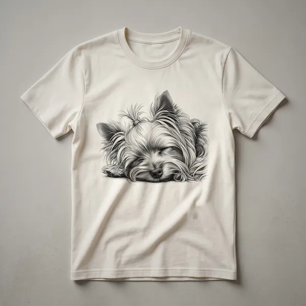 White graphic t-shirt featuring a minimalist line art drawing of a sleeping Yorkshire Terrier dog.