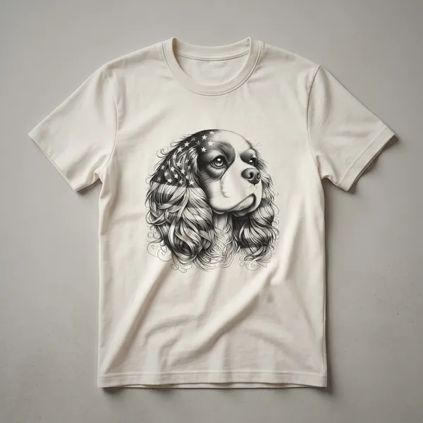 White t-shirt with a graphic of a Cavalier King Charles Spaniel wearing sunglasses and an American flag bandana, designed for 4th of July celebrations.