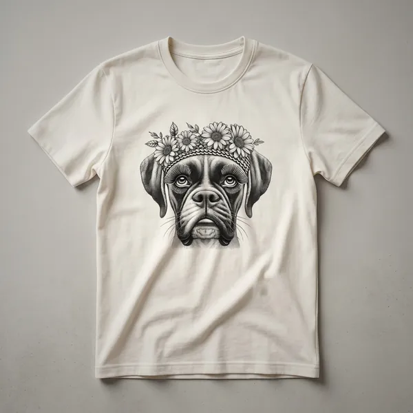 White graphic t-shirt featuring a distressed illustration of a Boxer dog's face.