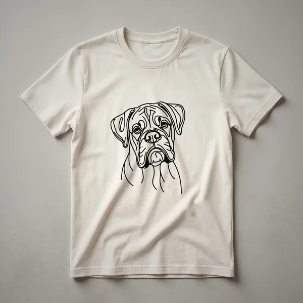 Black t-shirt with a minimalist line art drawing of a Boxer dog's head in white.