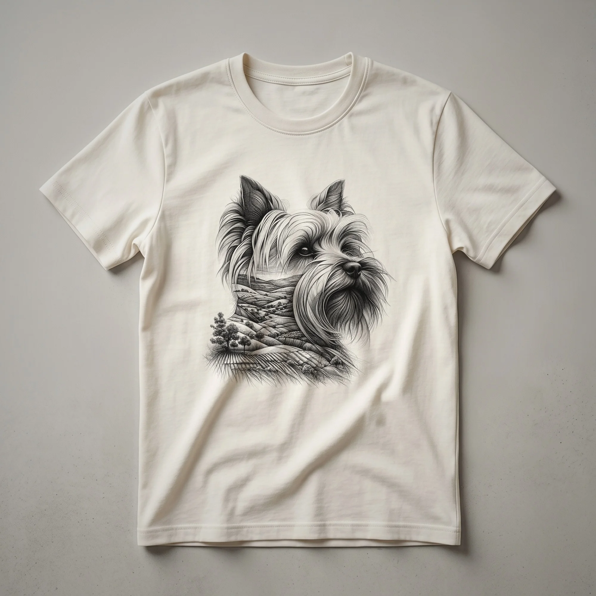 White Yorkshire Terrier dog portrait with floral accents on a black t-shirt, representing a nature memorial design.