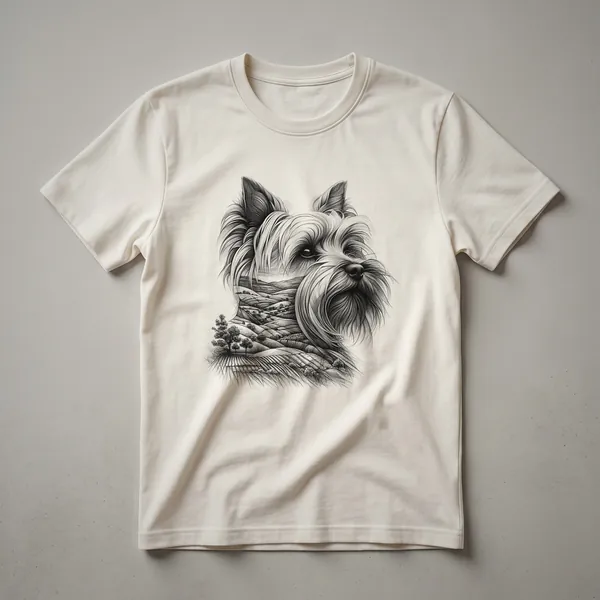 White Yorkshire Terrier dog portrait with floral accents on a black t-shirt, representing a nature memorial design.