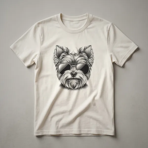 White t-shirt featuring a graphic of a Yorkshire Terrier wearing dark sunglasses with a patriotic-themed background.