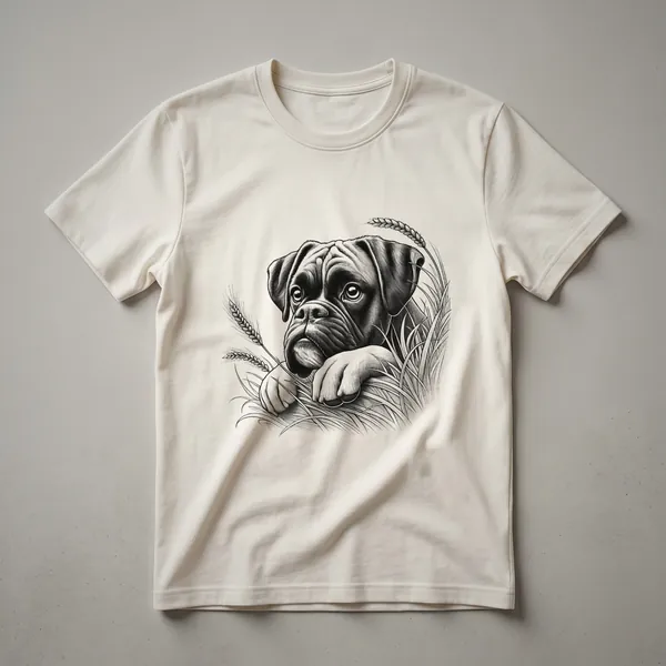Black t-shirt with a distressed graphic of a Boxer dog's head peeking from the bottom edge.