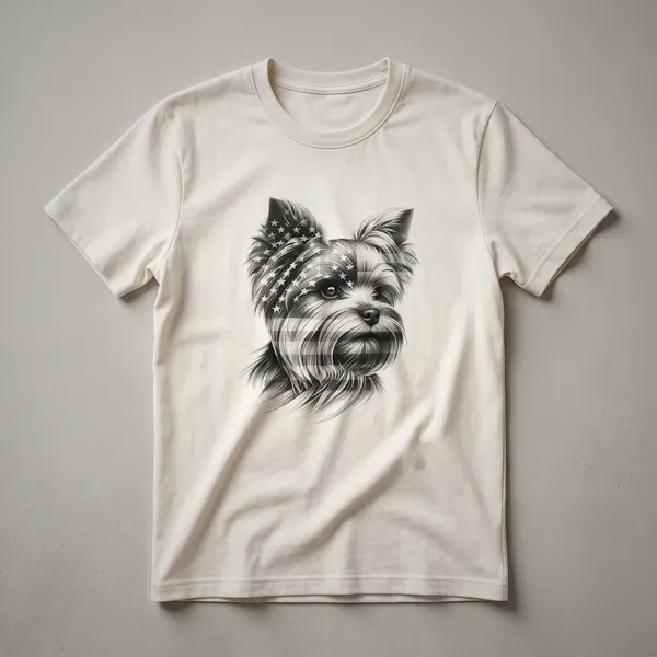 White t-shirt featuring a graphic of a Yorkshire Terrier wearing sunglasses with an American flag design behind it.