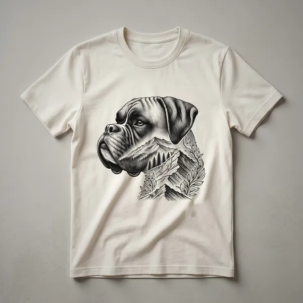 Black graphic t-shirt with a white silhouette of a Boxer dog standing in front of mountains and a sunset.