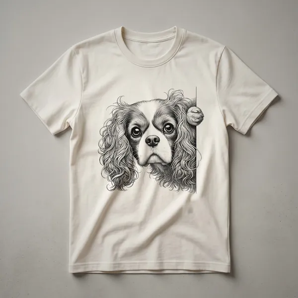 White graphic t-shirt featuring a distressed illustration of a Cavalier King Charles Spaniel's head peeking over a line, with its ears visible.