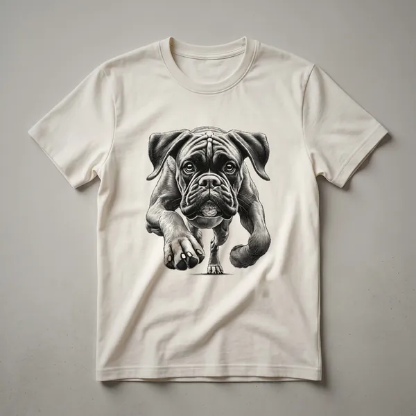A white t-shirt featuring a distressed graphic of a Boxer dog running, with the text 'Boxer Dog Running Design Idea For Him And Her' visible.