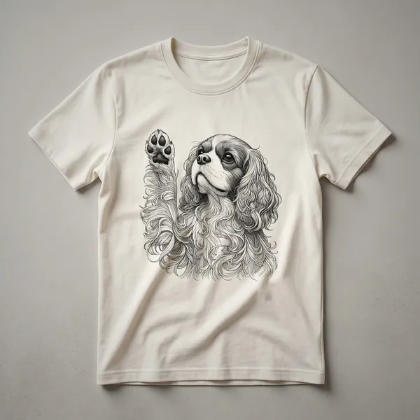 White t-shirt with a detailed pencil sketch of a Cavalier King Charles Spaniel raising one paw, long wavy fur rendered in fine line art.