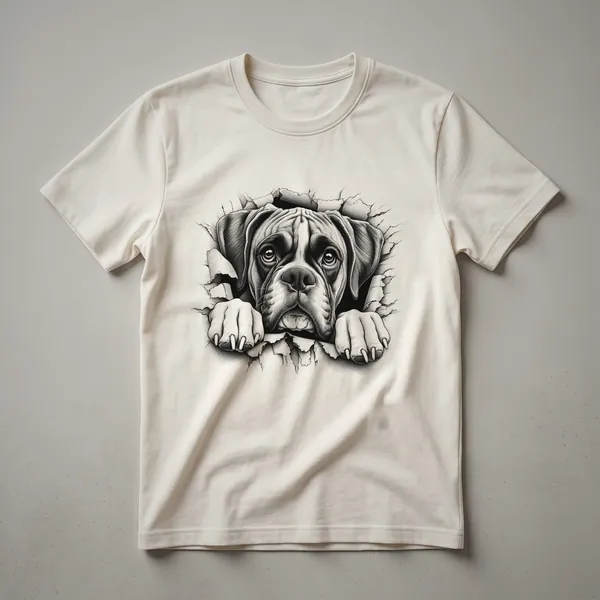 Black t-shirt with a graphic of a Boxer dog's face peeking up from the bottom edge, showing its snout and ears.