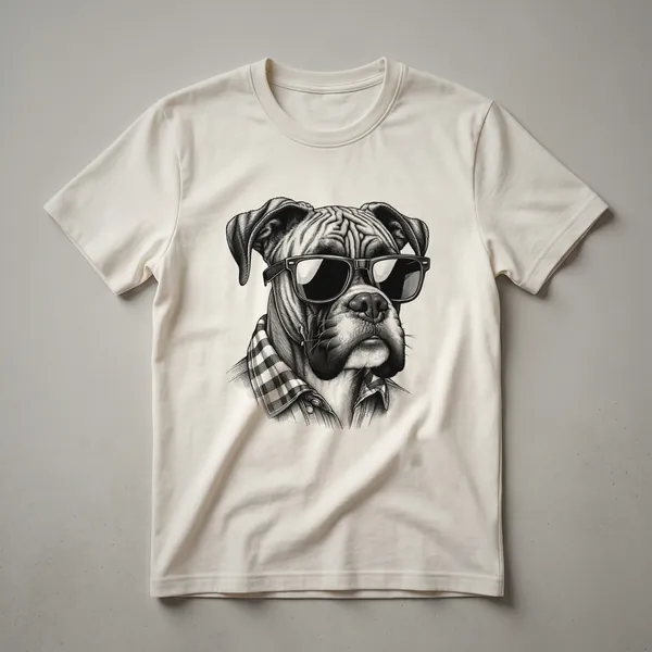 White graphic t-shirt featuring a Boxer dog wearing black sunglasses and the text 'Boxer Dog Dad'.