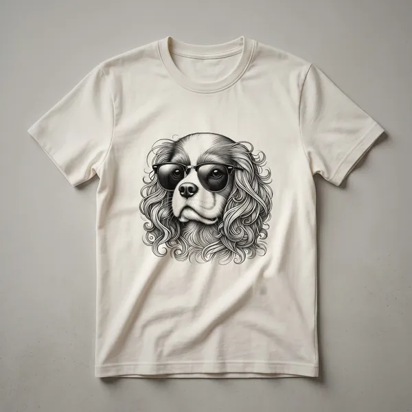 A graphic t-shirt featuring a Cavalier King Charles Spaniel dog wearing dark sunglasses, with the word "Dad" printed below.