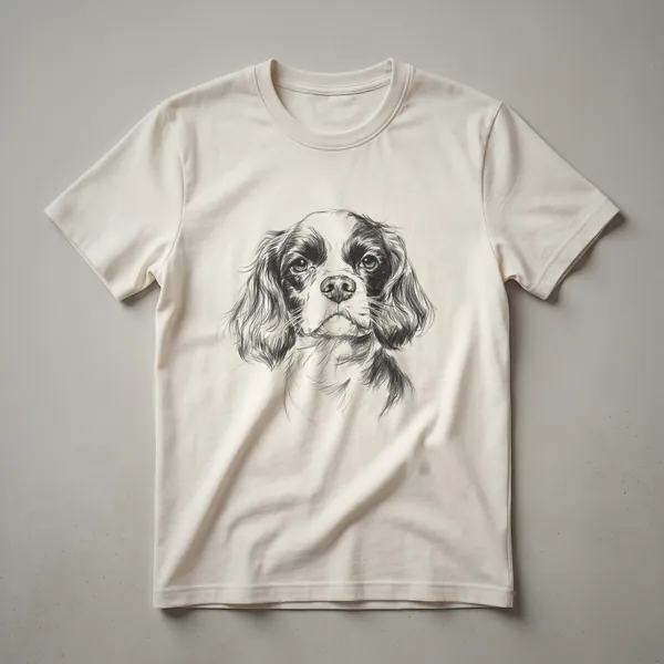 A black t-shirt with a graphic illustration of a Cavalier King Charles Spaniel dog in a stylized design.