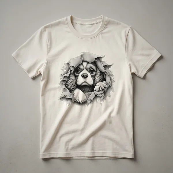 A white graphic t-shirt featuring a peeking Cavalier King Charles Spaniel dog design with large, dark eyes and floppy ears.