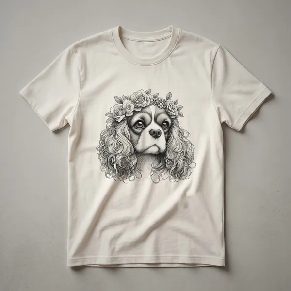White graphic t-shirt featuring a stylized portrait of a Cavalier King Charles Spaniel surrounded by colorful flowers, with the words 'Cavalier King Charles Spaniel Mom' above.